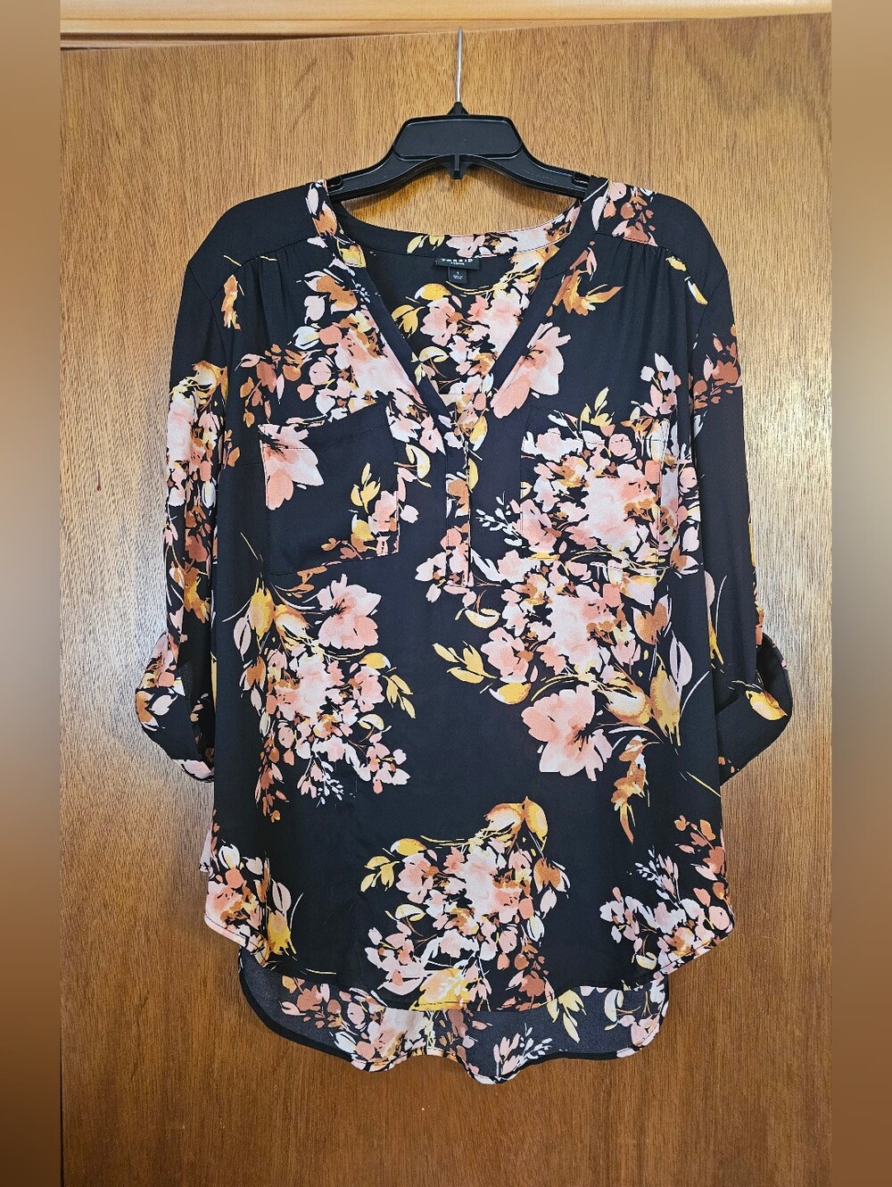 Torrid Size 1 Black And Pink Floral Harper Georgette 3/4 Sleeve Blouse